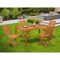 East West Furniture CMDK5CWNA 5-Pc Outdoor Coffee Table Set- 4 Outdoor Folding Chairs Slatted Back and Modern Coffee Table and Rectangle Top with Wood 4 legs - Natural Oil Finish