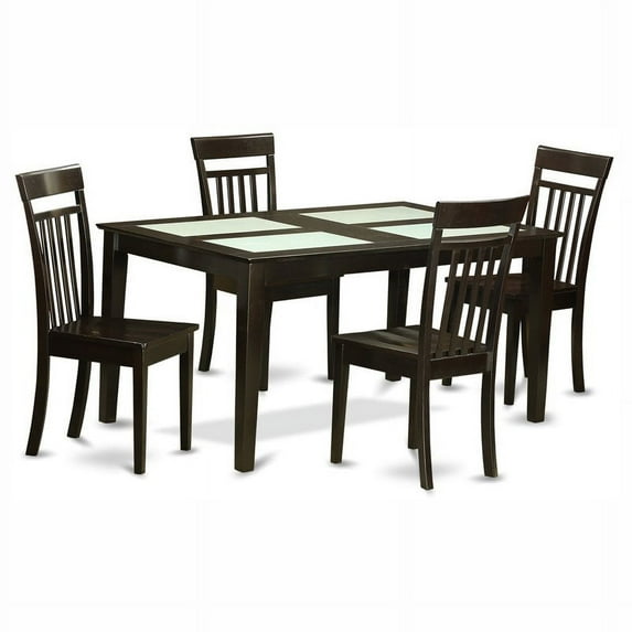 East West Furniture Capri 5 Piece Glass Top Rectangular Dining Table Set with Wooden Seat Chairs