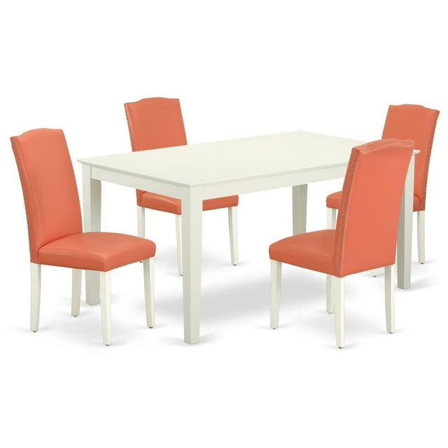 East West Furniture Capri 5-piece Wood Dining Set in Linen White/Pink Flamingo