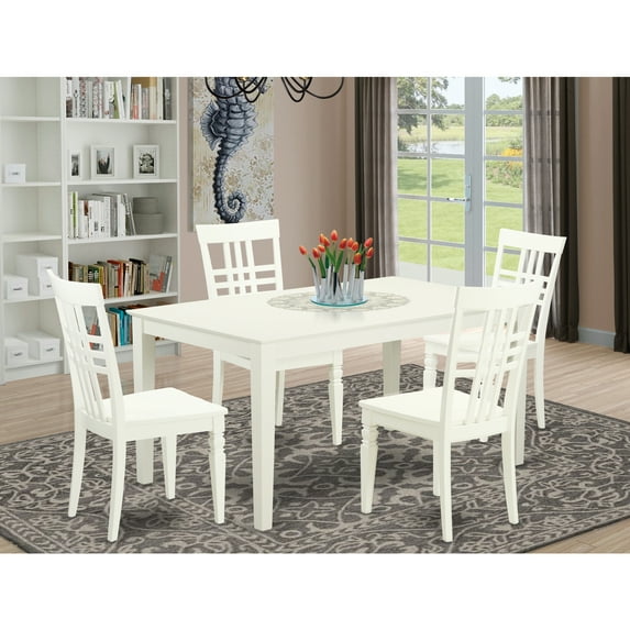 East West Furniture Capri 5-piece Wood Seat Dining Chair and Table Set in White