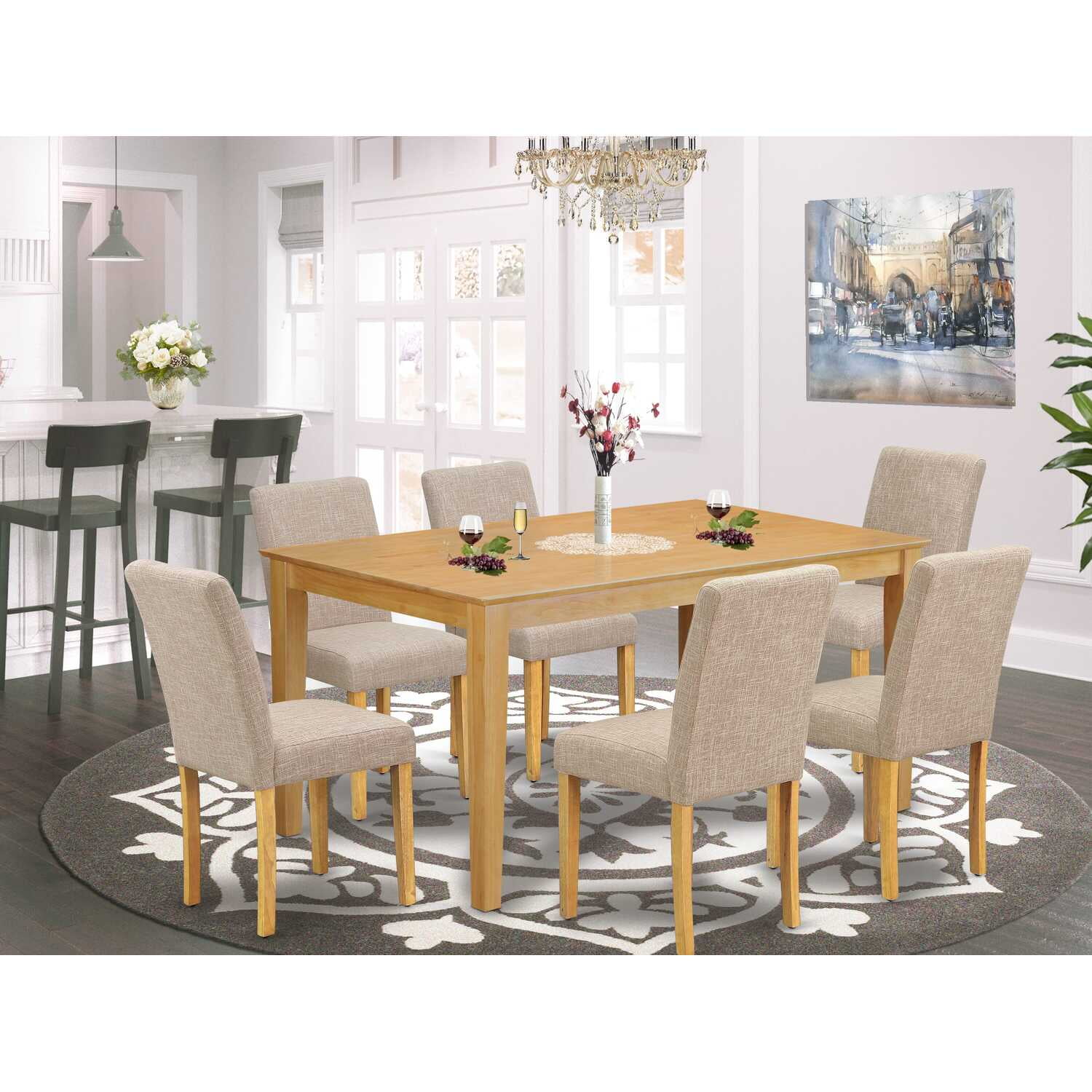 East West Furniture Capri 7-Piece Oak Dining Set with Table and Six ...