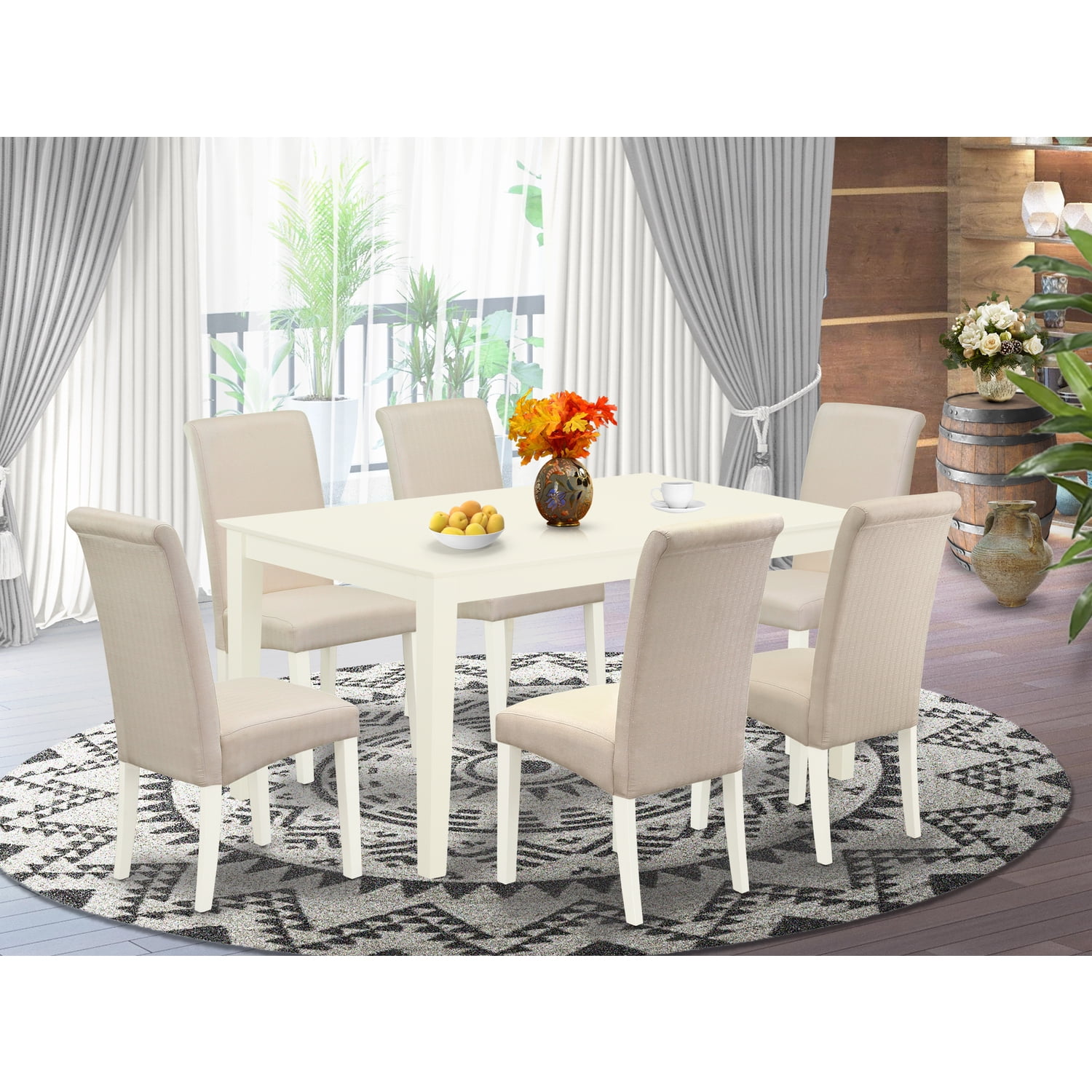 Linen White 60" Rubberwood Dining Set with Cream Parson Chairs