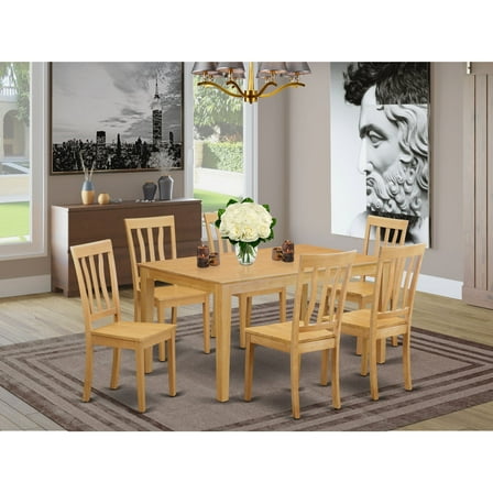 East West Furniture  7 Piece Dining Table Set- a Rectangle Kitchen Table and 6 Dining Chairs, 36x60 Inch, Oak (Seat Options) CAAN7-OAK-W