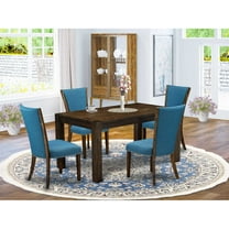 East West Furniture - CNVE5-77-21 - 5-Pc Dining Room Table Set- 4 Parson Chairs and Modern Rectangular Dining Table - Blue Linen Fabric Seat and High Chair Back - Distressed Jacobean Finish