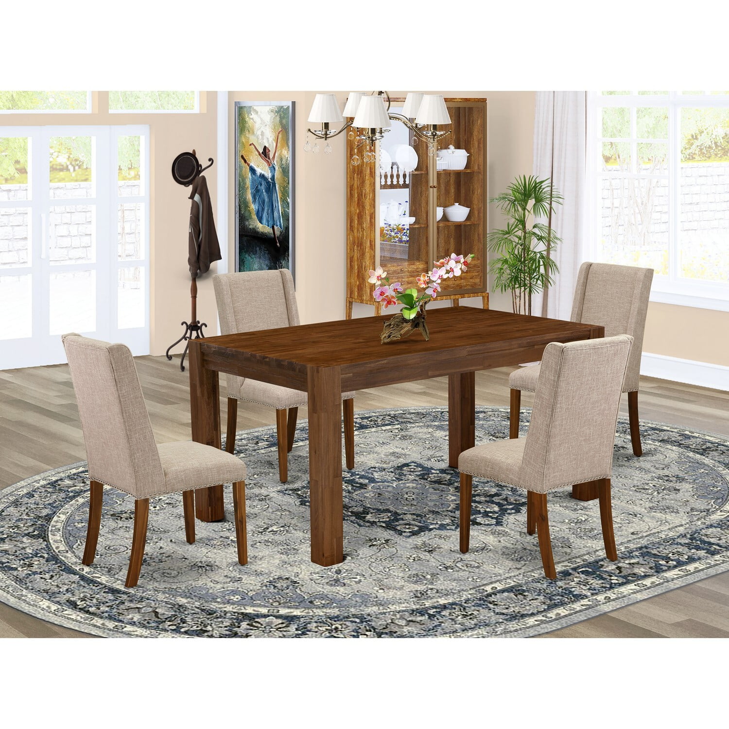 Ergode 5-Pc Dining Table Set - 4 Parson Chairs with Clay Linen Fabric Seat - Rectangular Table Top - Antique Walnut Finish