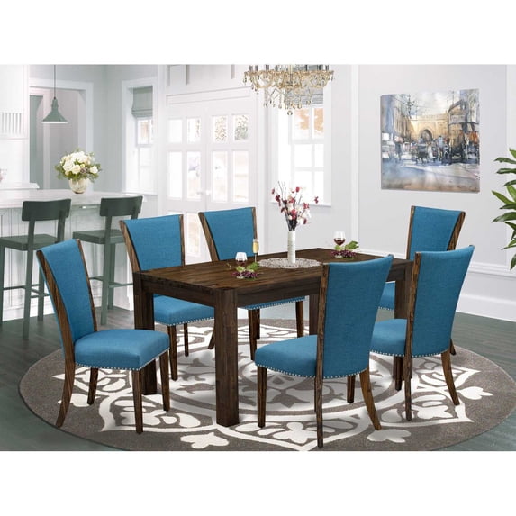 East West Furniture - CNVE7-77-21 - 7-Pc Dining Room Set- 6 Mid Century Dining Chairs and Kitchen Table - Blue Linen Fabric Seat and High Chair Back - Distressed Jacobean Finish