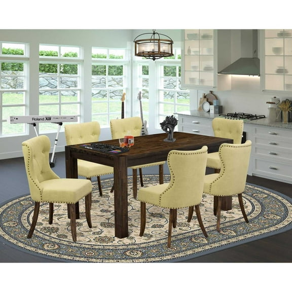 East West Furniture CNSI7-77-37 7-Pc Modern Dining Table Set- 6 Parson Dining Chairs with Limelight Linen Fabric Seat and Button Tufted Chair Back - Rectangular Table Top & Wooden 4 Legs - Distressed