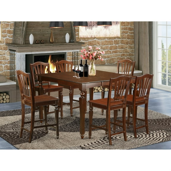 East West Furniture Chelsea 7-piece Wood Counter Height Dining Set in Mahogany