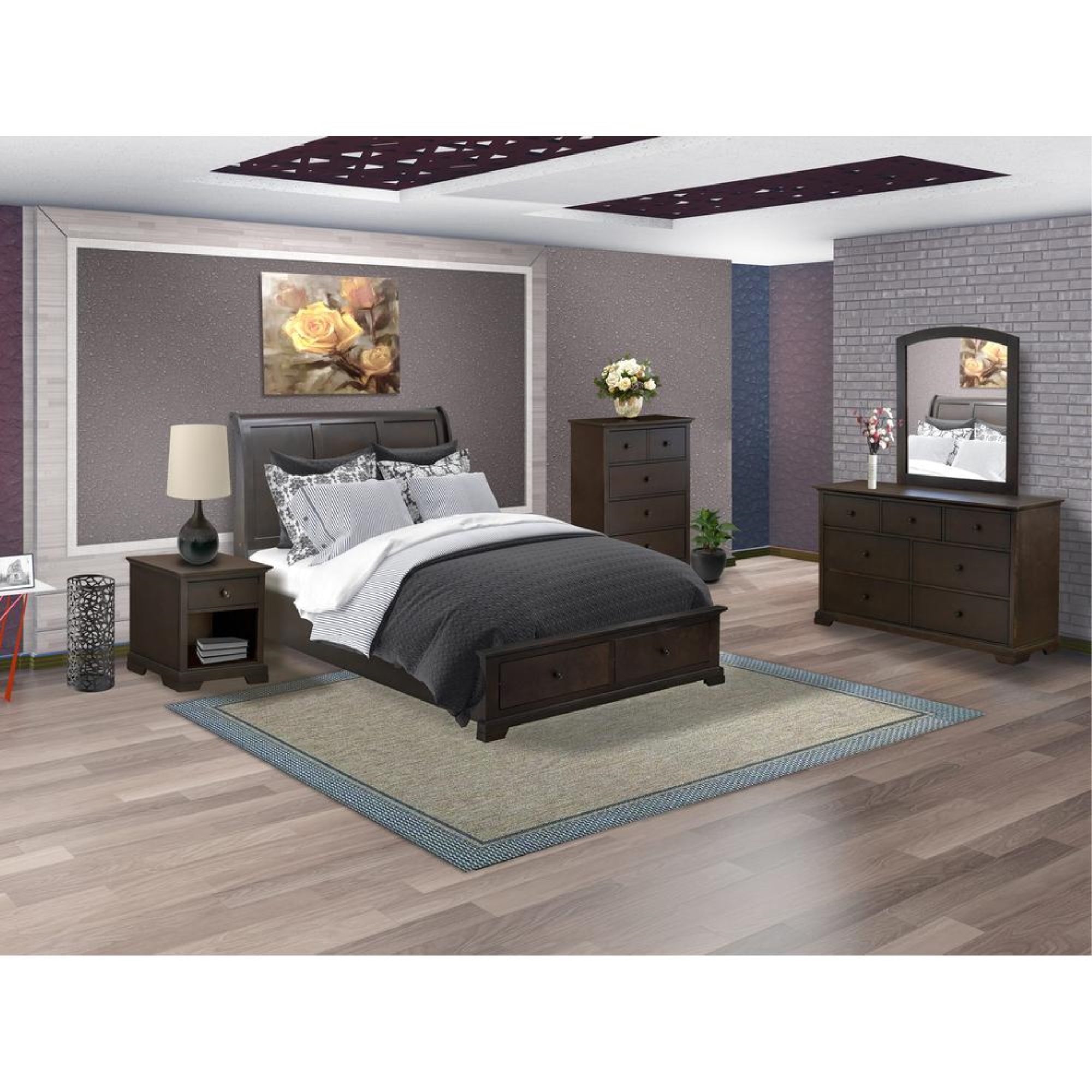 East West Furniture Cordova 5Pc Bedroom Set Consists of a Wooden Queen