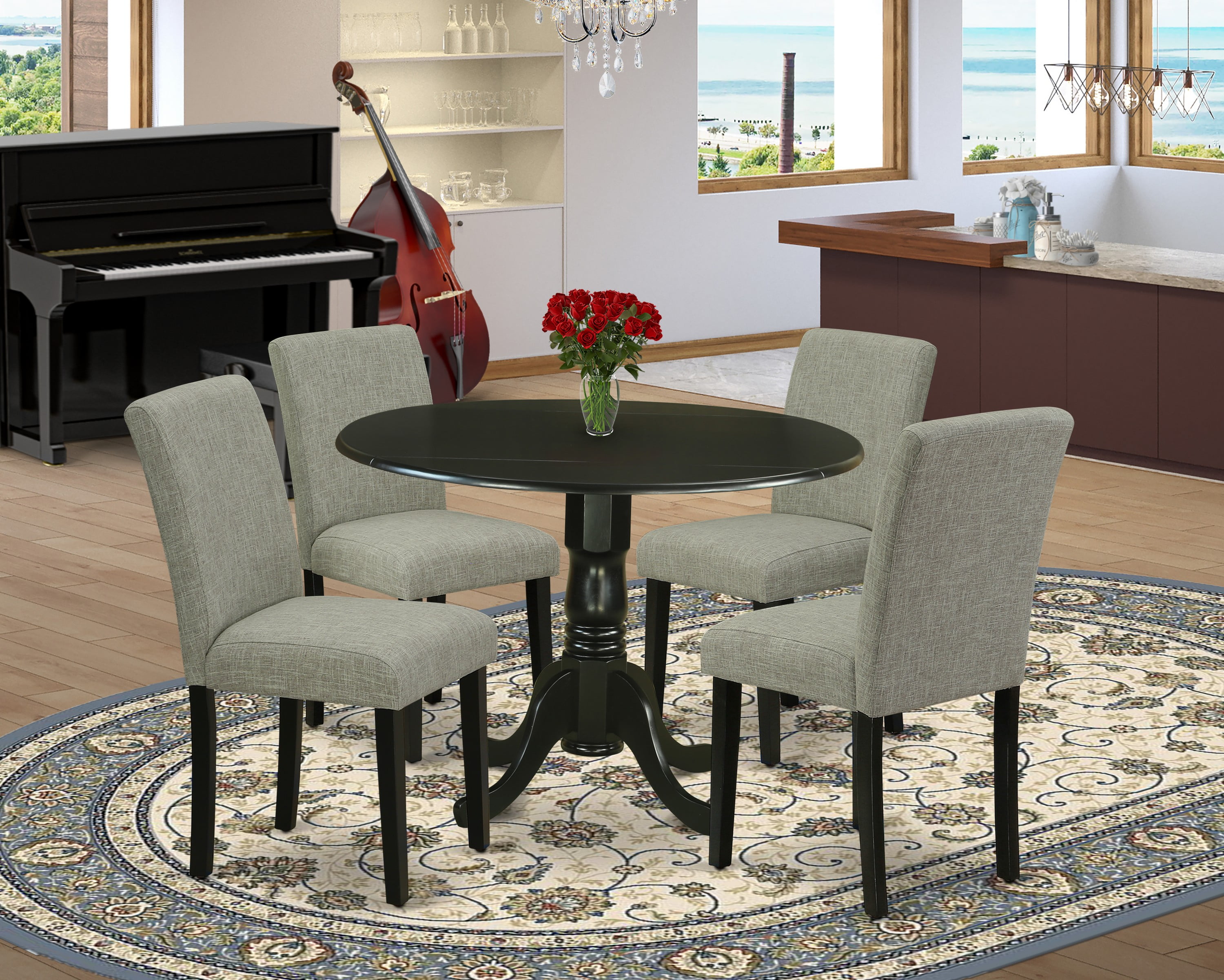Black Round Drop Leaf Dining Table with 4 Gray Linen Chairs