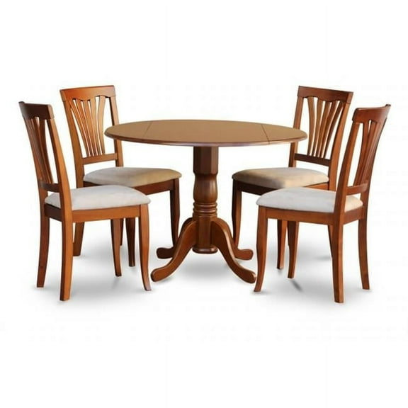 East West Furniture DLAV5-SBR-C 5PC Kitchen Round Table with 2-Drop Leaves and 4 Avon chairs with cushion Seat