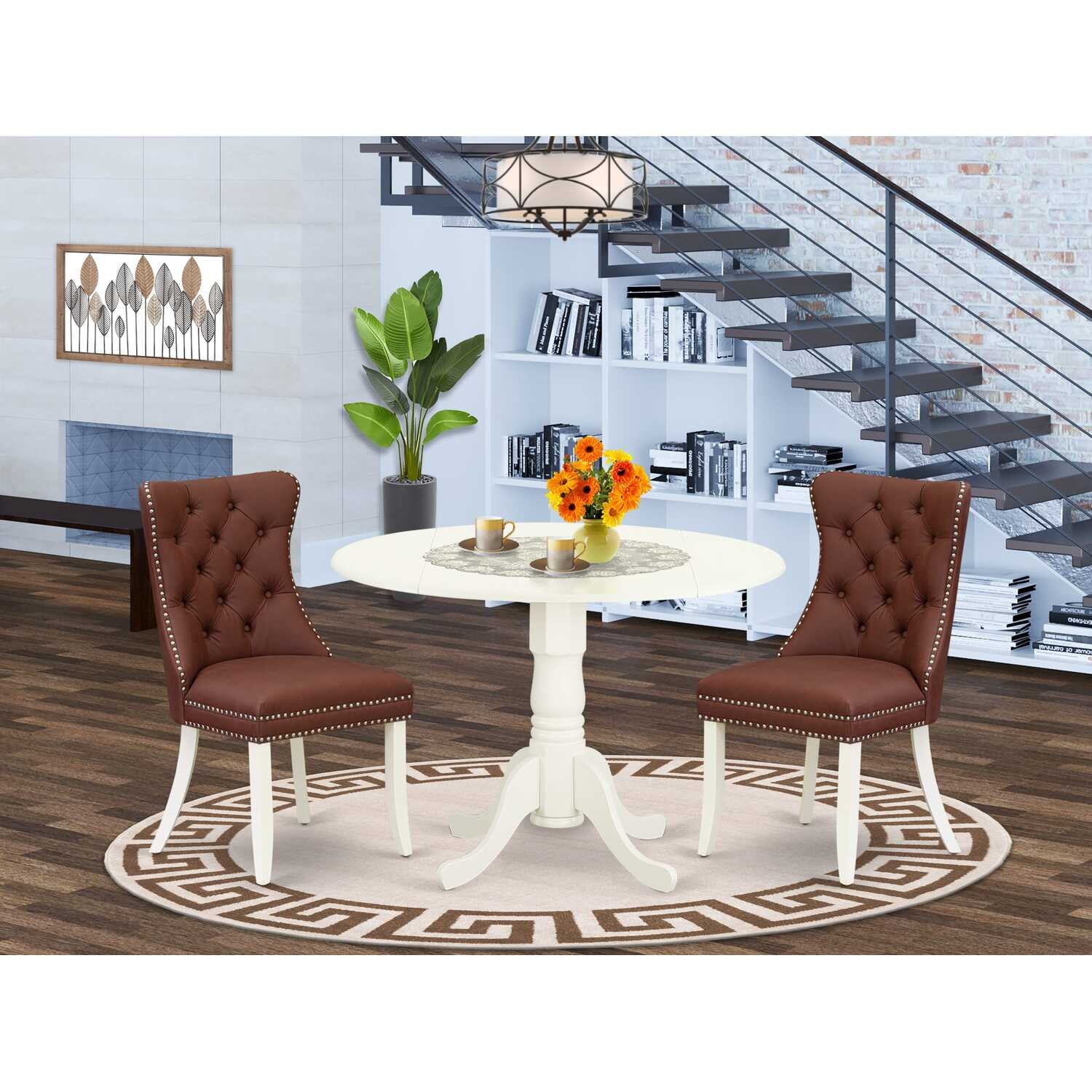 East West Furniture Set Tavolo Da Pranzo 3 Pezzi Bianco - Tavolo Allungabile Con Due Sedie In Legno Di Gomma Per Cucina E Sala Da Pranzo - 3