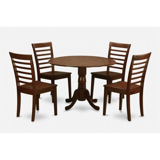 East West Furniture DLML3-MAH-W 3PC Kitchen Round Table with 2 Drop Leaves and 2 Ladder-back Chairs with Wood Seat in