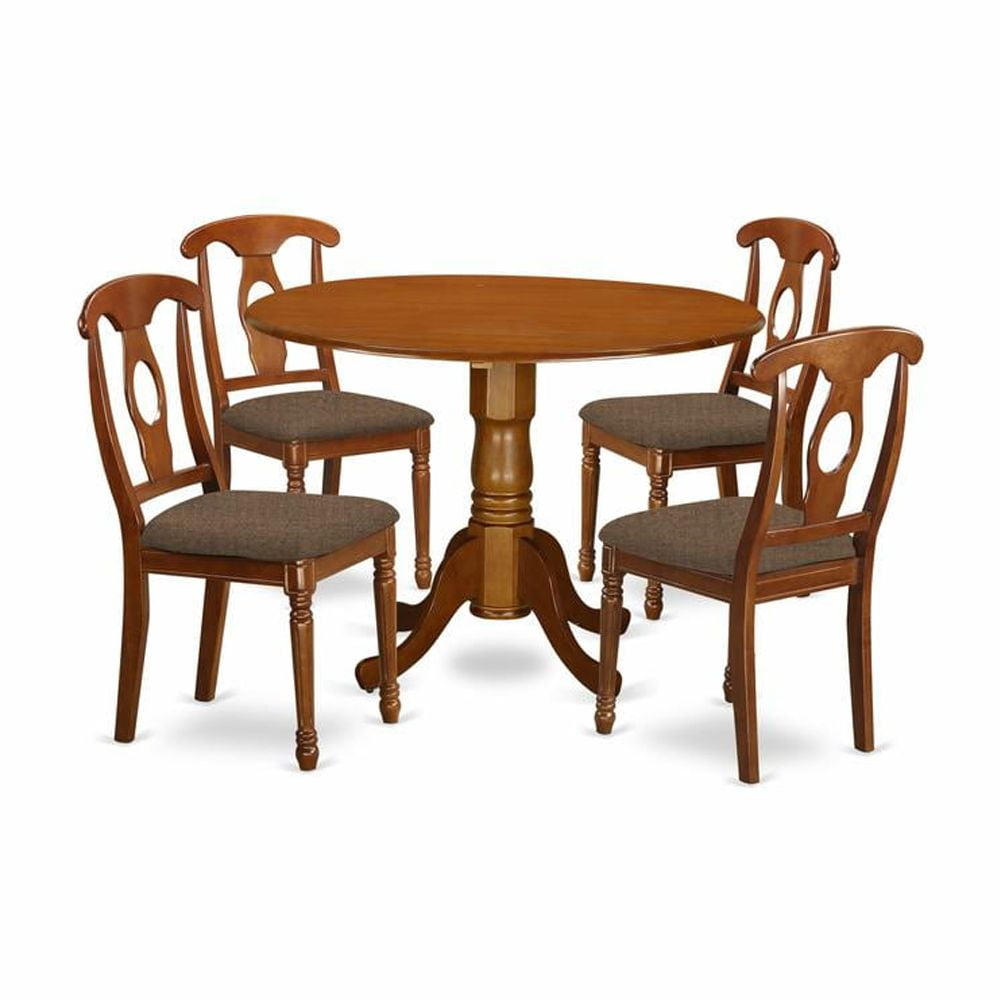 Saddle Brown Solid Wood Round Dining Table Set with 4 Upholstered Chairs