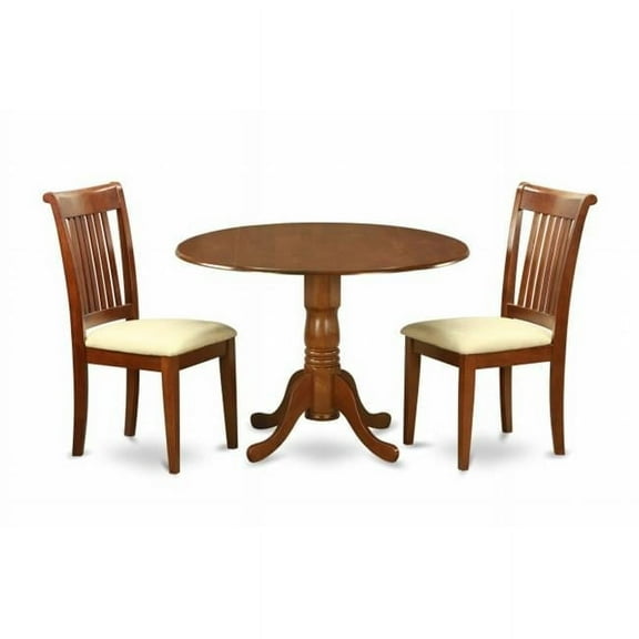 East West Furniture DLPO3-SBR-C 3PC Kitchen Round Table with 2 Drop Leaves and 2 Chairs with Microfiber Upholstered Seat