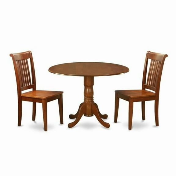 East West Furniture DLPO3-SBR-W 3PC Kitchen Round Table with 2 Drop Leaves and 2 Chairs with Wood Seat