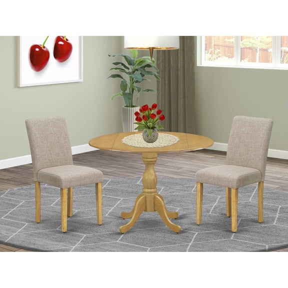 East West Furniture DMAB3-OAK-04 3 Piece Dining Table Set - Oak Small Dining Table and 2 Light Tan Linen Fabric Modern Dining Chairs with High Back - Oak Finish