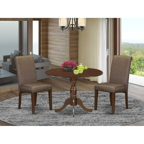 East West Furniture DMBA3-MAH-18 3 Piece Dinette Sets Contains 1 Drop Leaves Dining Table and 2 Brown Linen Fabric Upholstered Dining Room Chairs with High Back - Mahogany Finish