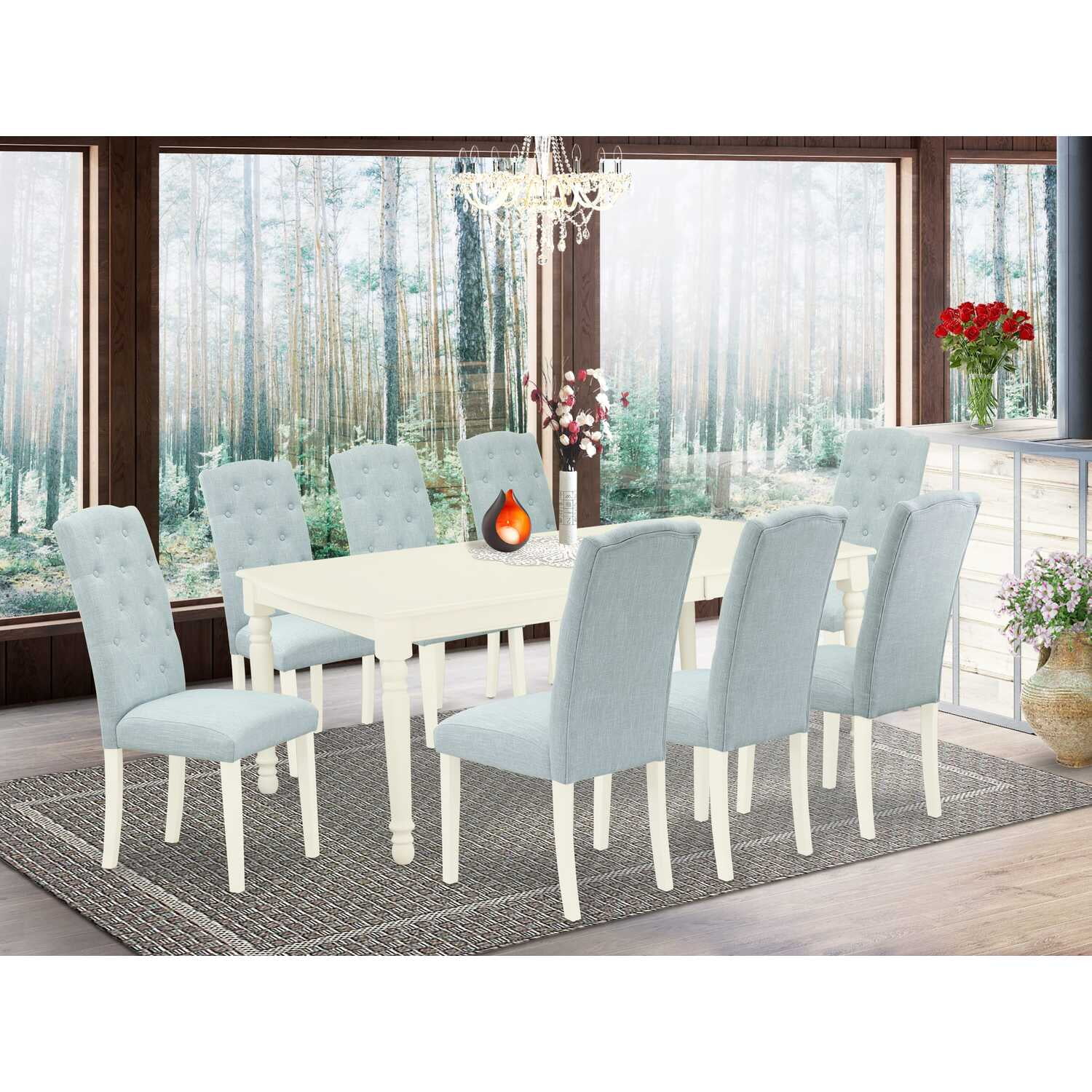 Linen White Rectangular Dining Set with Baby Blue Parson Chairs
