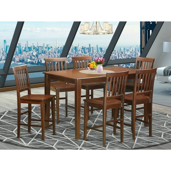East West Furniture DUVN7H-MAH-W 7 Piece Gathering Table Set- Pub Table and 6 Bar Stools