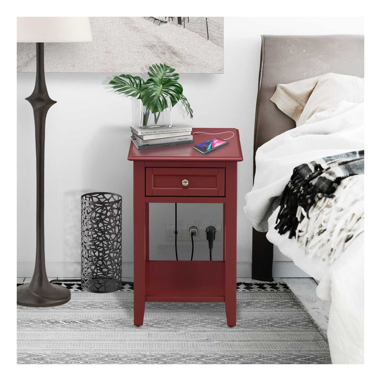 Burgundy Red 24" Wood Nightstand with Drawer