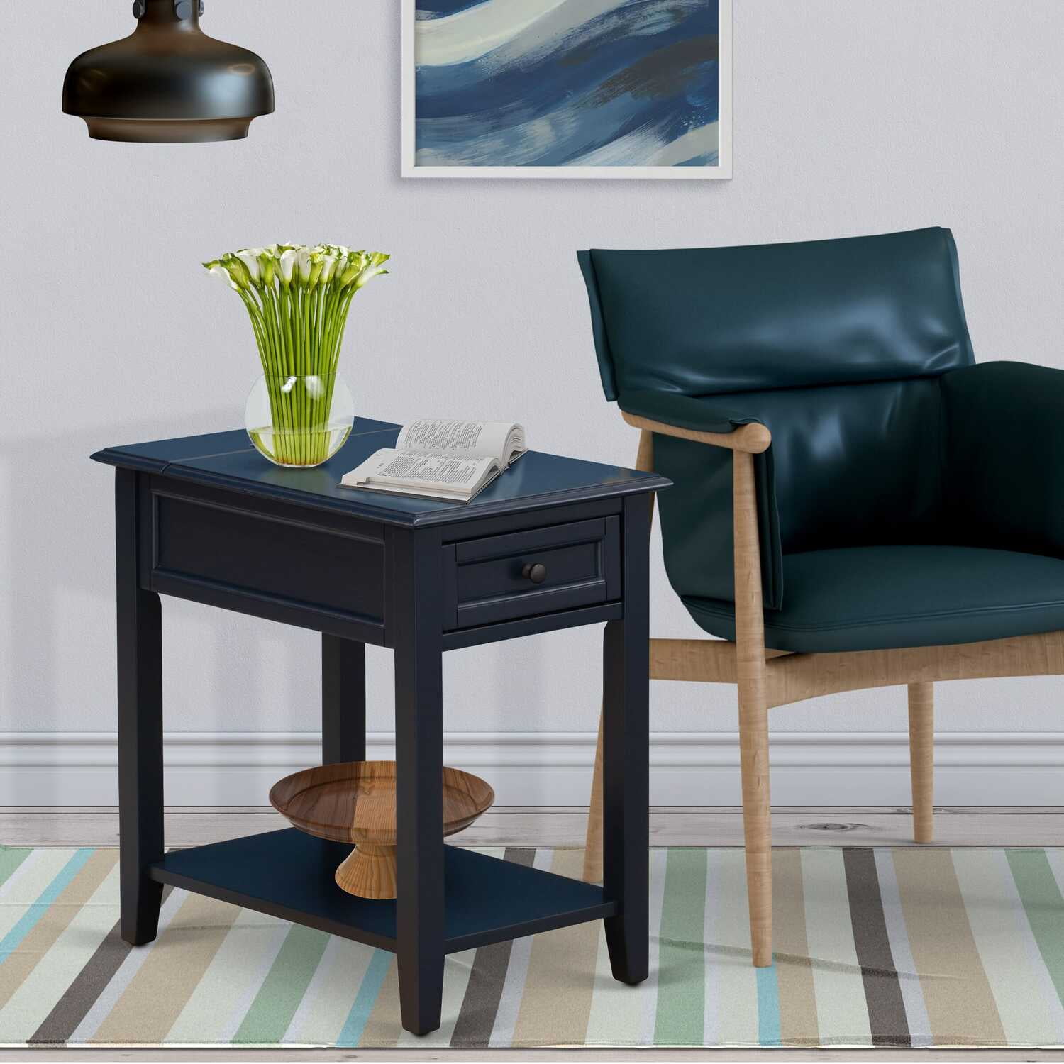 Navy Blue 24" MDF Wood Veneer Nightstand with Drawer