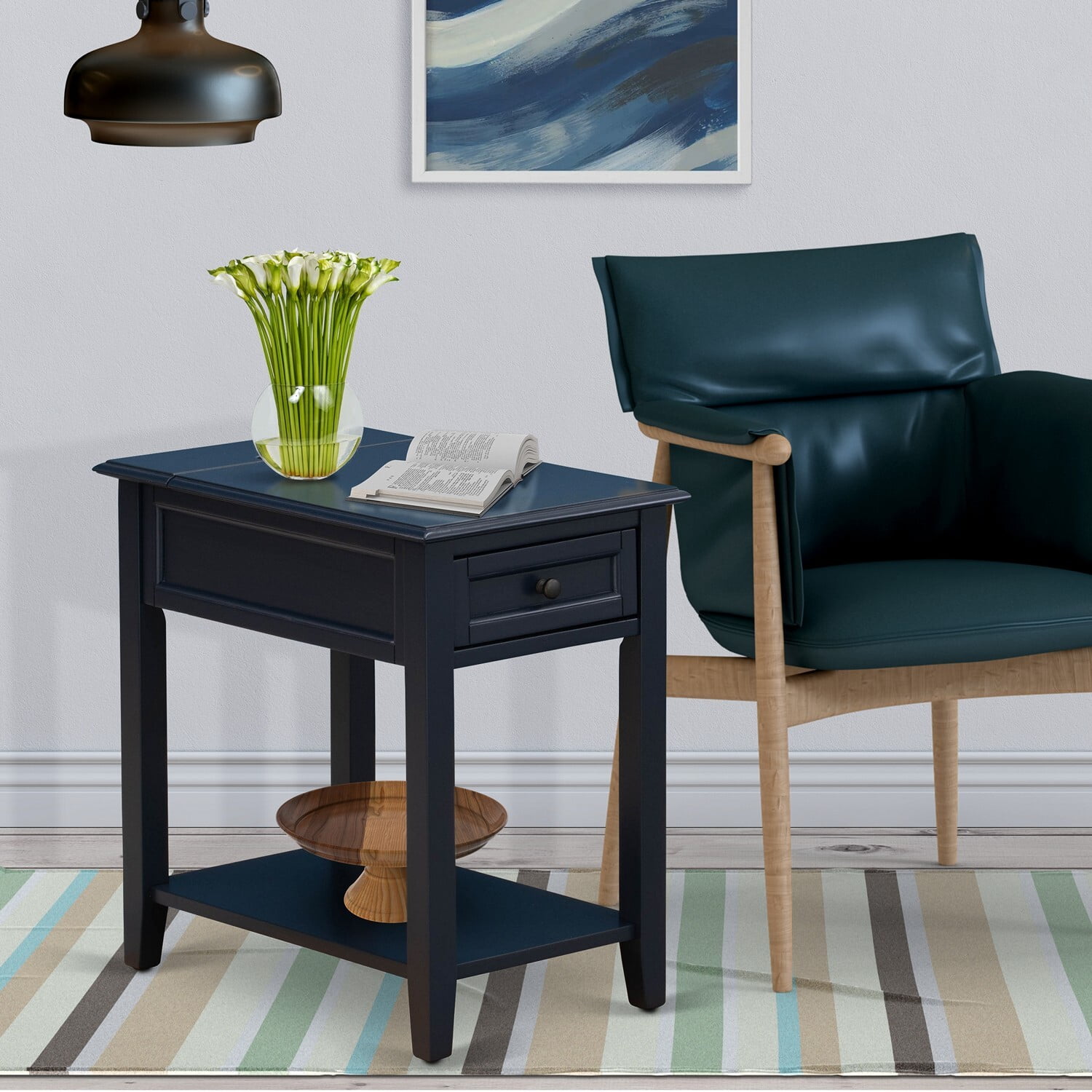 Navy Blue 24" MDF Wood Veneer Nightstand with Drawer