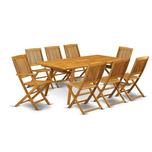 East West Furniture Denison 9-piece Wood Outdoor Table Set in Natural Oil