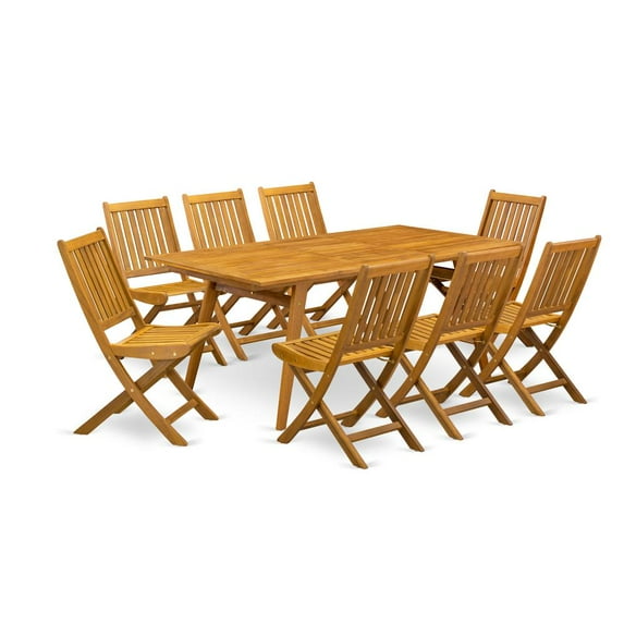 East West Furniture Denison 9-piece Wood Patio Dining Set in Natural Oil