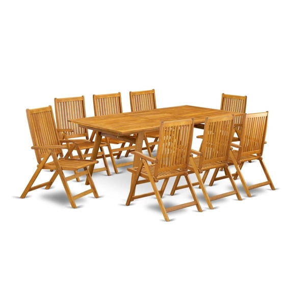 East West Furniture Denison 9-piece Wood Patio Table Set in Natural Oil