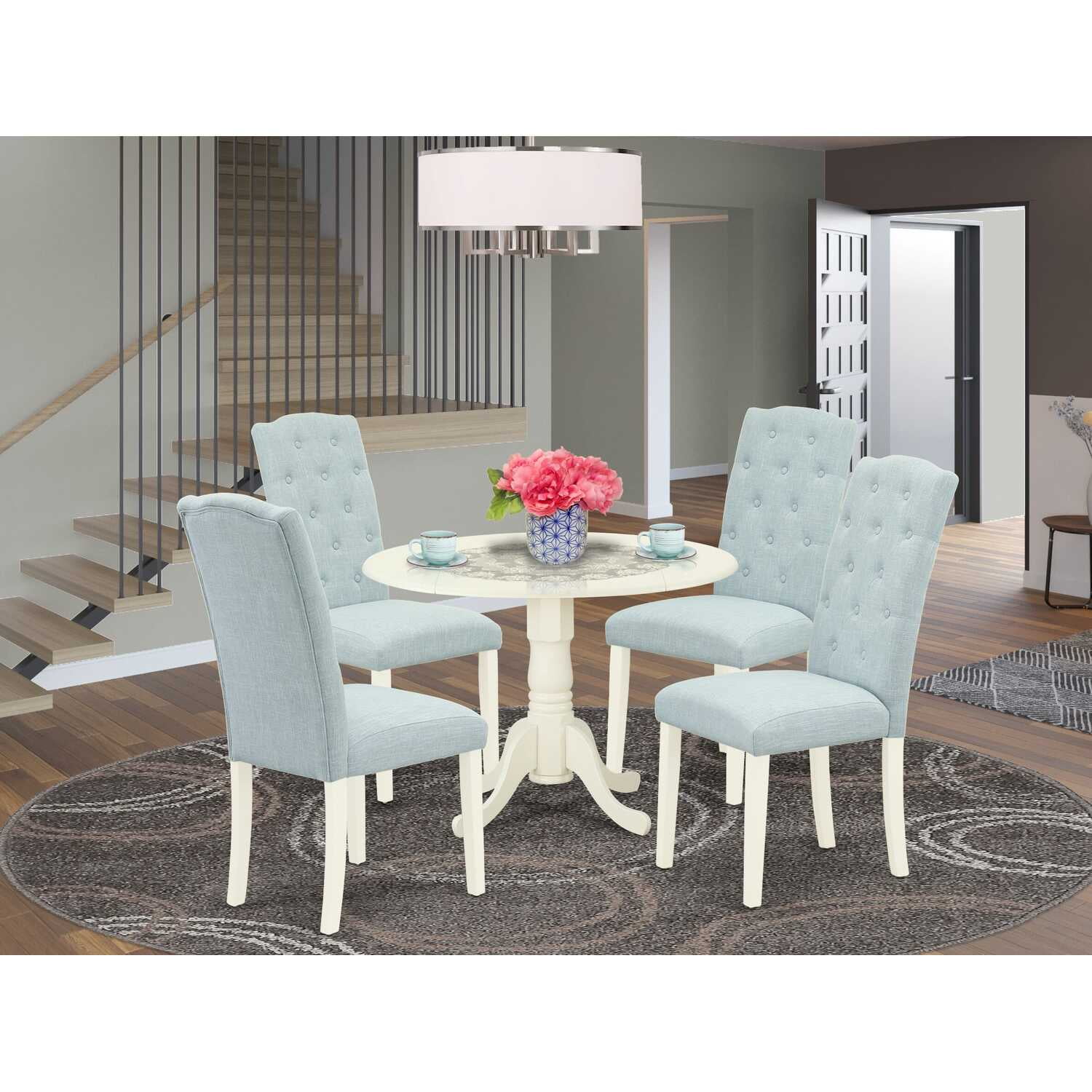 Linen White and Baby Blue 5-Piece Dining Set with Round Table