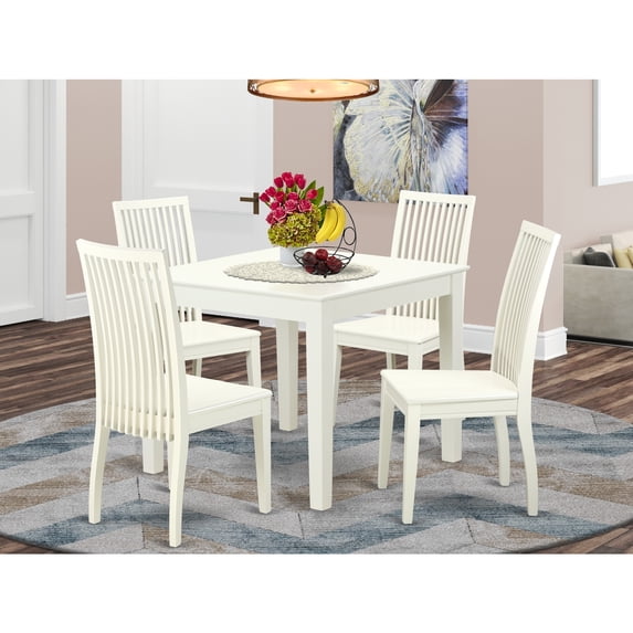 East West Furniture Oxford 5-piece Dining Set with Wood Seat in Linen White