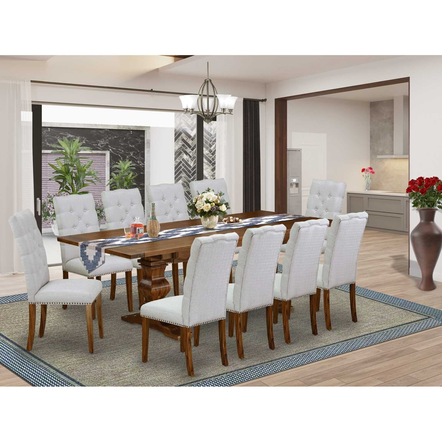 Distressed Jacobean 11-Piece Dining Set with Gray Linen Chairs