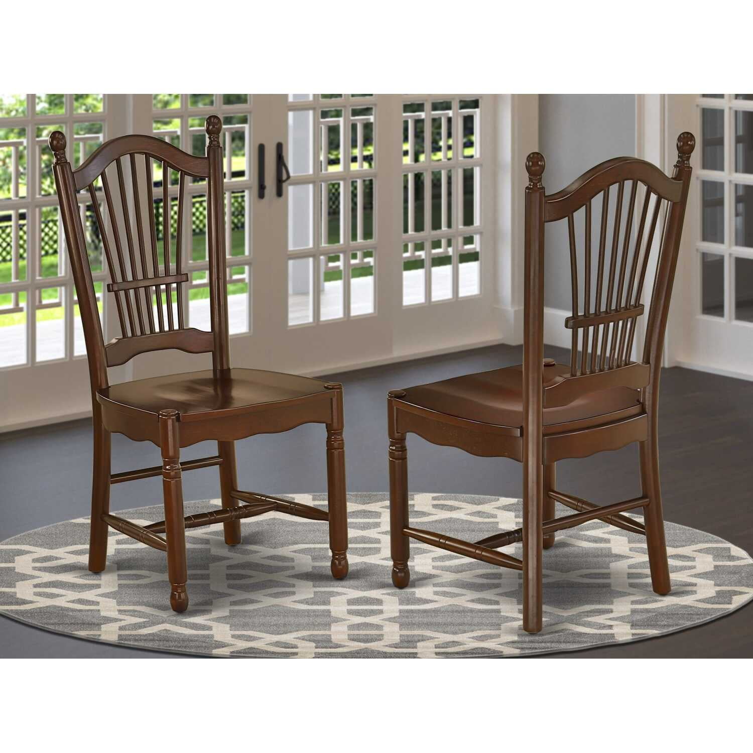 Mahogany High Back Slat Wood Dining Chairs, Set of 2