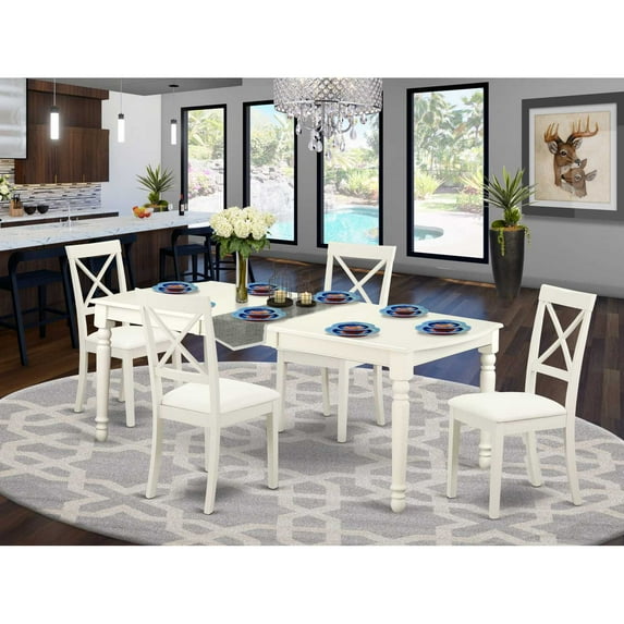 East West Furniture Dover 5-piece Wood Dining Set with Leather Seat in White