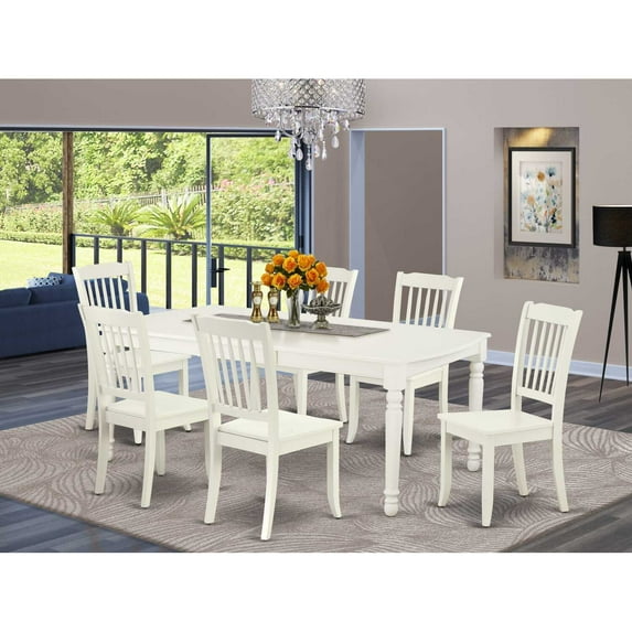 East West Furniture Dover 7-piece Dining Set with Wood Seat in Linen White