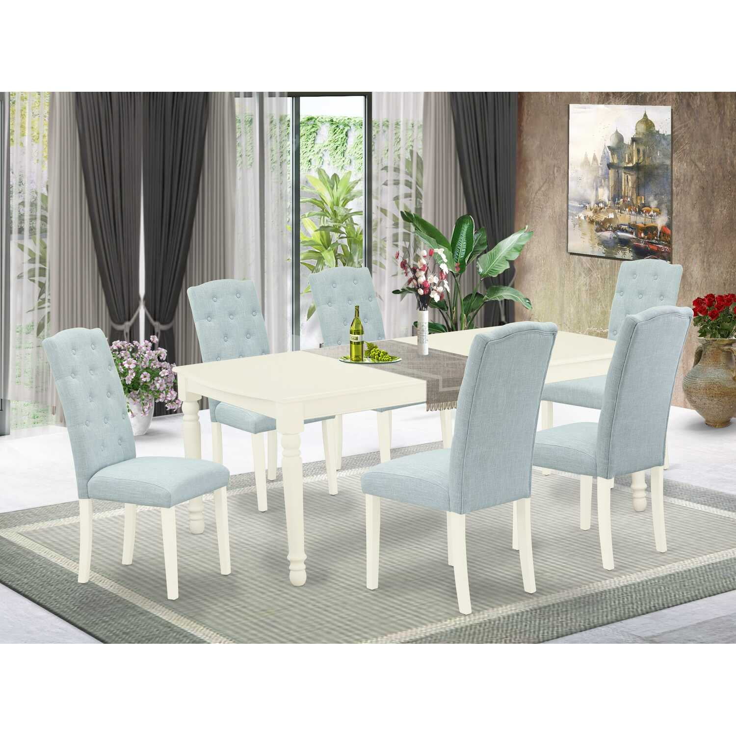 Linen White and Baby Blue 7-Piece Dining Set with Tufted Chairs