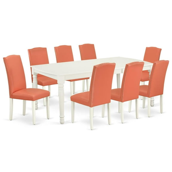 East West Furniture Dover 9-piece Wood Dining Set in Linen White/Pink Flamingo