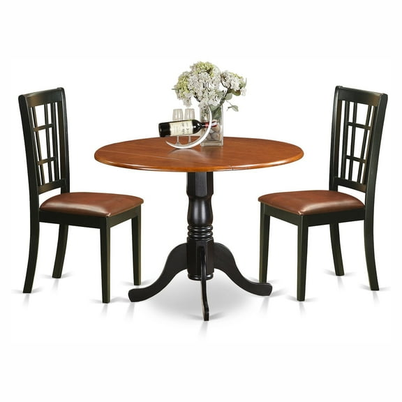 East West Furniture Dublin 3 Piece Drop Leaf Dining Table Set with Nicoli Faux Leather Seat Chairs