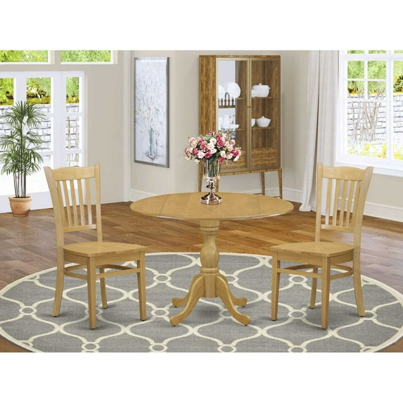 East West Furniture DMGR3-OAK-W 3 Piece Dining Room Table Set - Oak Dining Room Table and 2 Oak Modern Dining Room Chairs with Slatted Back - Oak Finish