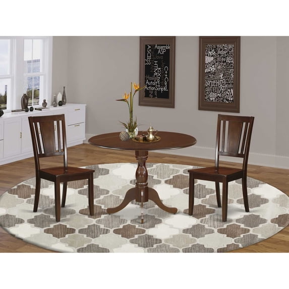 East West Furniture DMDU3-MAH-W 3 Piece Wood Dining Table Set Contains 1 Drop Leaves Wooden Table and 2 Mahogany Wooden Chairs with Panel Back - Mahogany Finish