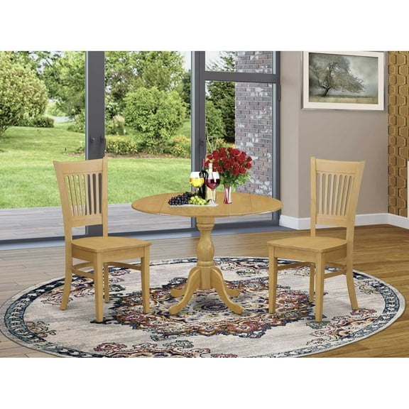 East West Furniture DMVA3-OAK-W 3 Piece Kitchen Dining Table Set - Oak Dining Room Table and 2 Oak Chairs for Dining Room with Slatted Back - Oak Finish