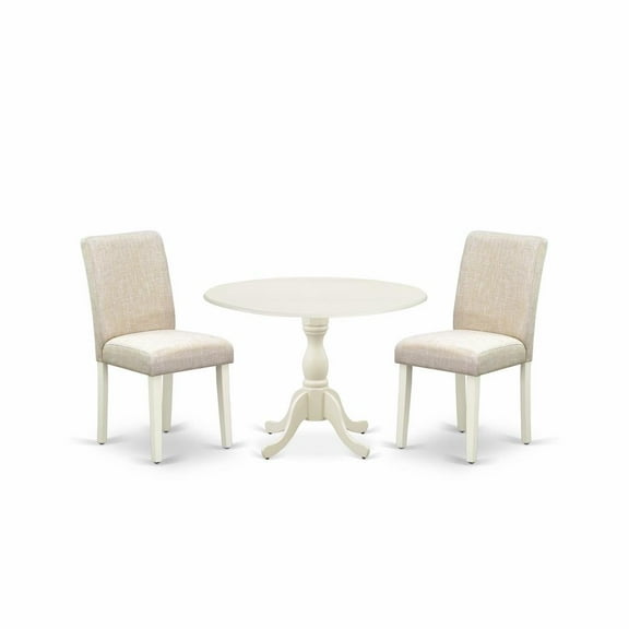 East West Furniture DMAB3-LWH-02 3 Piece Dining Room Set Includes 1 Drop Leaves Wood Table and 2 Light Beige Linen Fabric Dinning Chairs with High Back - Linen White Finish