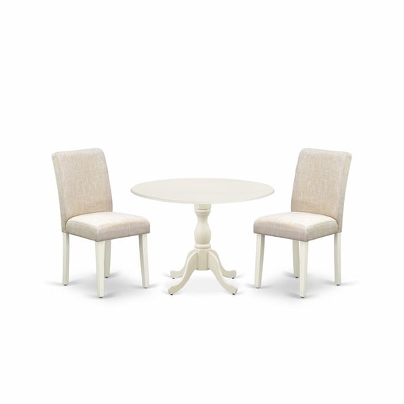 East West Furniture DMAB3-LWH-02 3 Piece Dining Room Set Includes 1 Drop Leaves Wood Table and 2 Light Beige Linen Fabric Dinning Chairs with High Back - Linen White Finish
