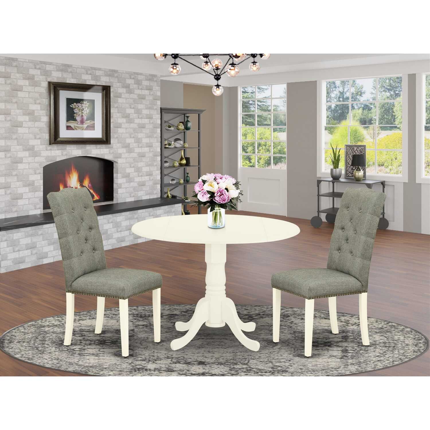 Linen White & Smoke 42" Round Rubber Wood Dining Set with Padded Chairs