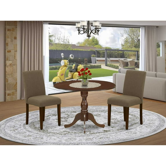 East West Furniture DMAB3-MAH-18 3 Piece Dinning Room Table Set Contains 1 Drop Leaves Wood Dining Table and 2 Coffee Linen Fabric Parson Chairs with High Back - Mahogany Finish