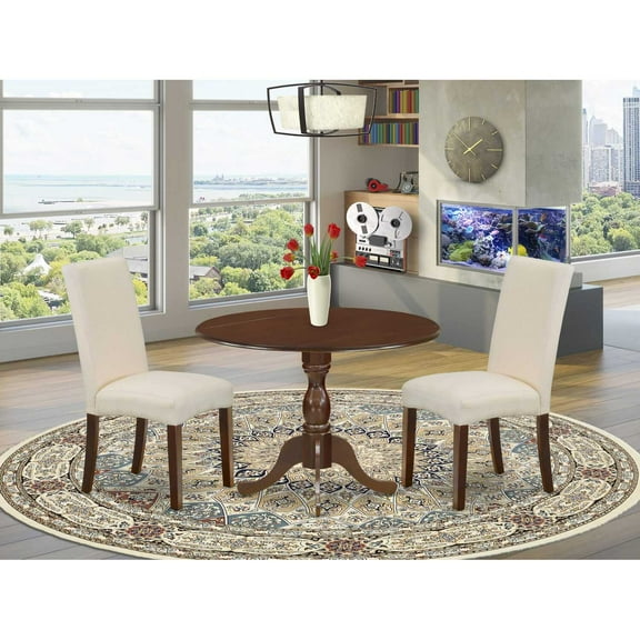 East West Furniture DMDR3-MAH-01 3 Piece Wooden Dining Table Set Includes 1 Drop Leaves Dining Table and 2 Cream Linen Fabric Upholstered Dining Chairs with High Back - Mahogany Finish