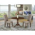 thumbnail image 1 of East West Furniture DMEL3-MAH-16 3 Piece Dining Table Set Consists of 1 Drop Leaves Dining Table and 2 Dark Khaki Linen Fabric Parson Chairs Button Tufted Back with Nail Heads - Mahogany Finish, 1 of 10