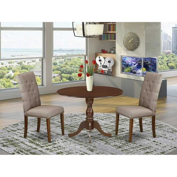 East West Furniture DMEL3-MAH-16 3 Piece Dining Table Set Consists of 1 Drop Leaves Dining Table and 2 Dark Khaki Linen Fabric Parson Chairs Button Tufted Back with Nail Heads - Mahogany Finish