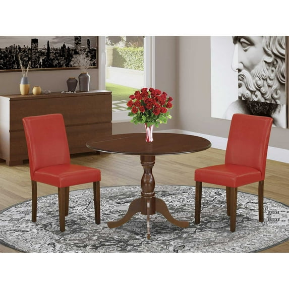 East West Furniture DMAB3-MAH-72 3 Piece Kitchen Table Set Includes 1 Drop Leaves Dining Room Table and 2 Firebrick Red PU Leather Upholstered Chair with High Back - Mahogany Finish